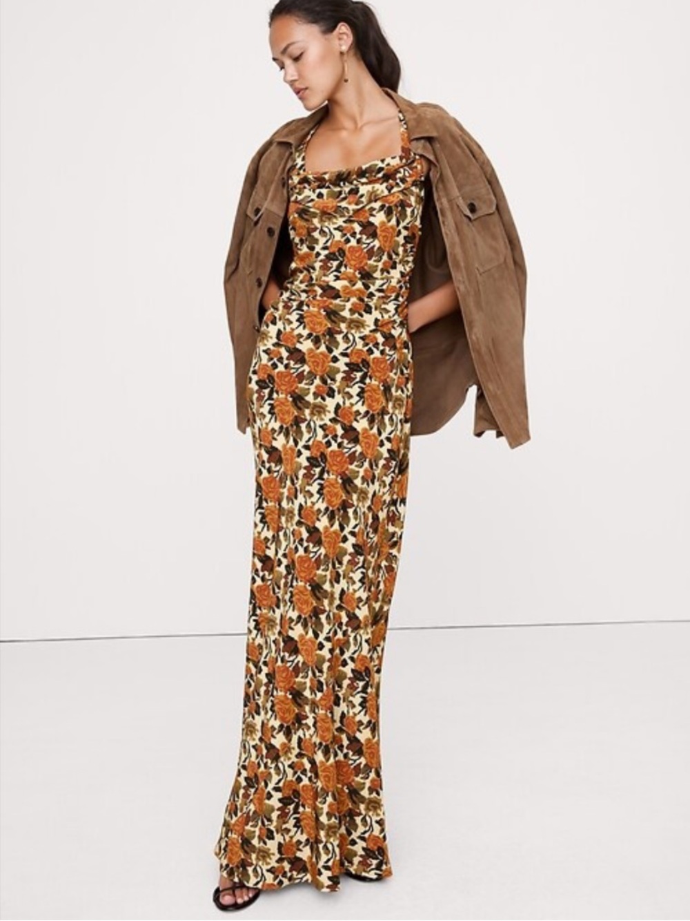 Banana Republic Matte Silk Cowl-Neck Backless Maxi Dress in Yellow Rose Floral